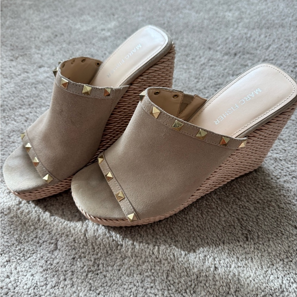 Marc Fisher Tan Wedge Sandals with Gold Studs